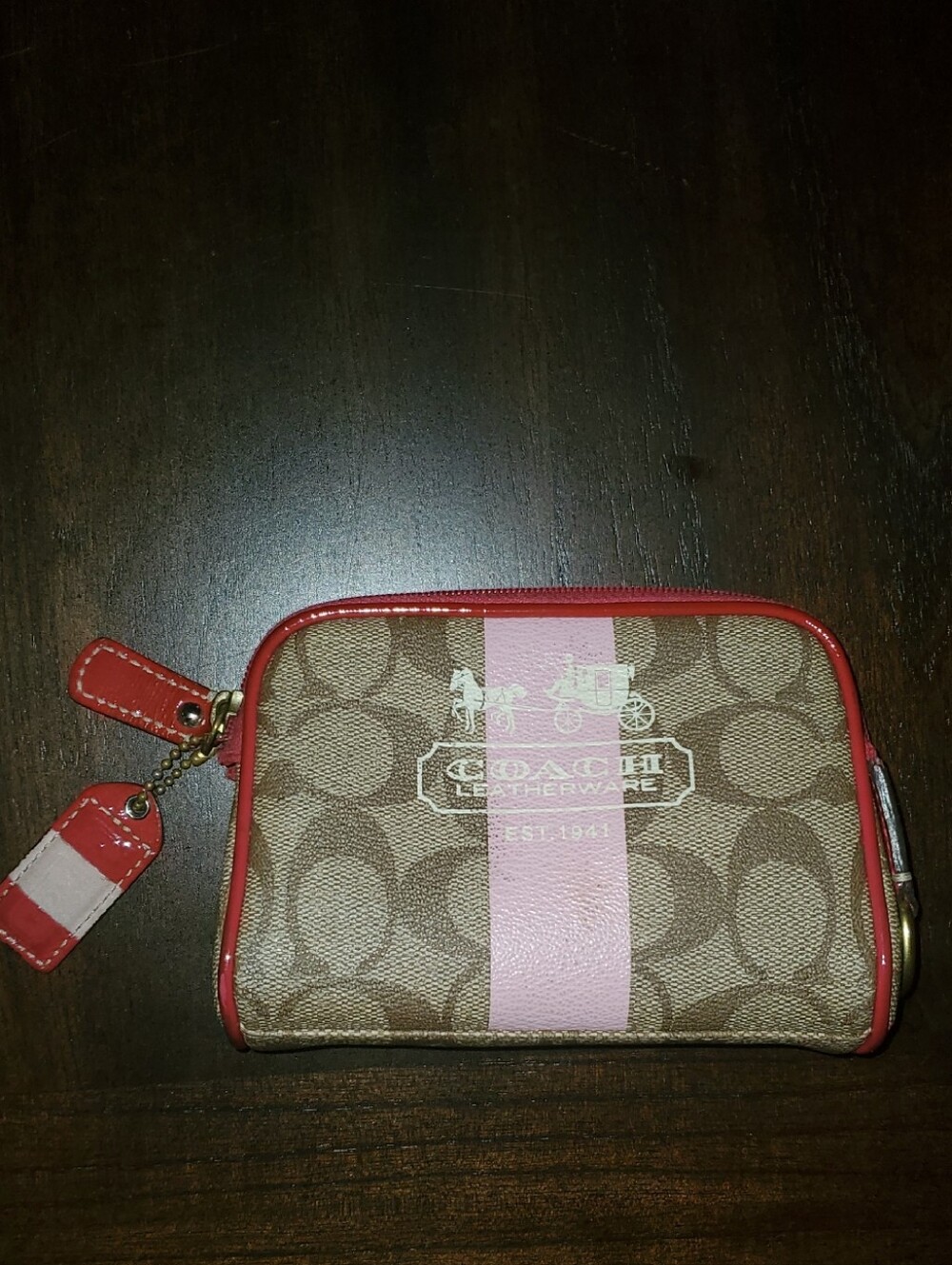 Coach Heritage Stripe Signature - Brown Canvas with Pink Center Stripe